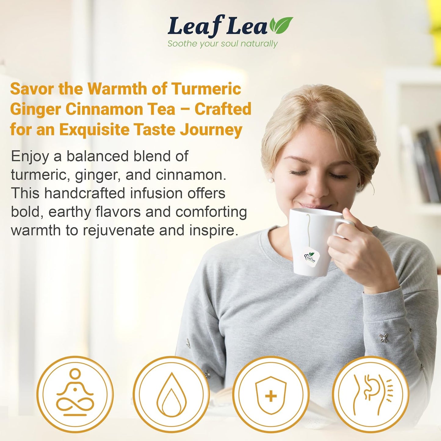 LeafLea Ginger Turmeric Tea, 120 Ct Caffeine-Free Herbal Tea Bags, 3 Boxes | Individually Foil-Wrapped Sachets, 120-Bag Bulk Value, Turmeric Ginger Cinnamon Blend, Supports Digestion, No Sugar, Vegan