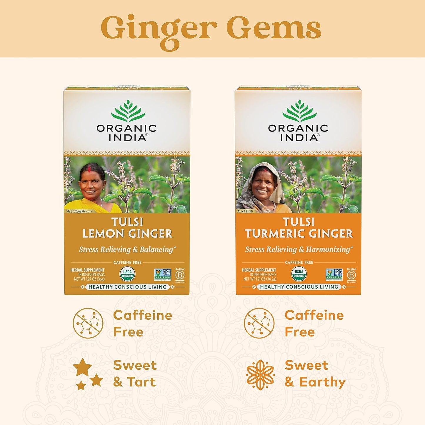 ORGANIC INDIA Tulsi Lemon Ginger Tea Bags, Vegan, 18 Infusion Bags, 3 Pack