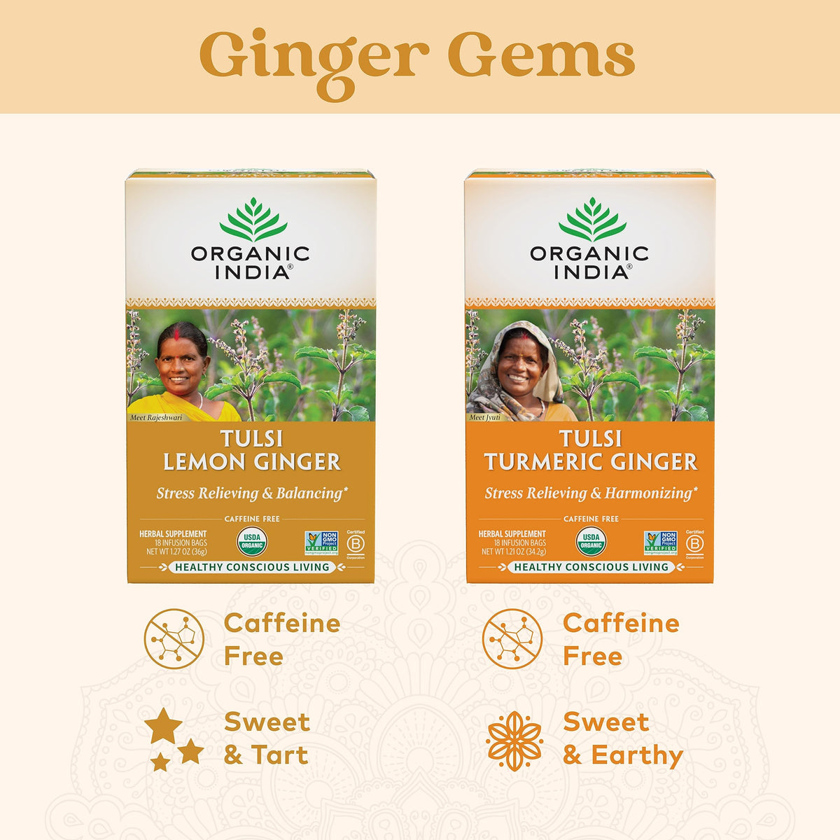 ORGANIC INDIA Tulsi Lemon Ginger Herbal Tea, 18 Infusion Bags, 3 Pack