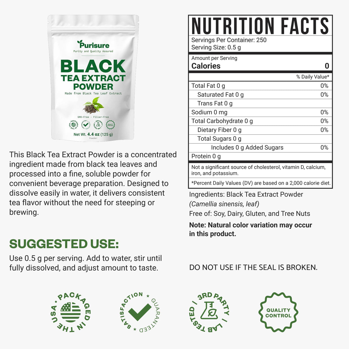 Purisure Instant Black Tea Extract Powder, Unsweetened Iced Tea Extract Powder from Real Black Tea Leaves for Hot or Cold