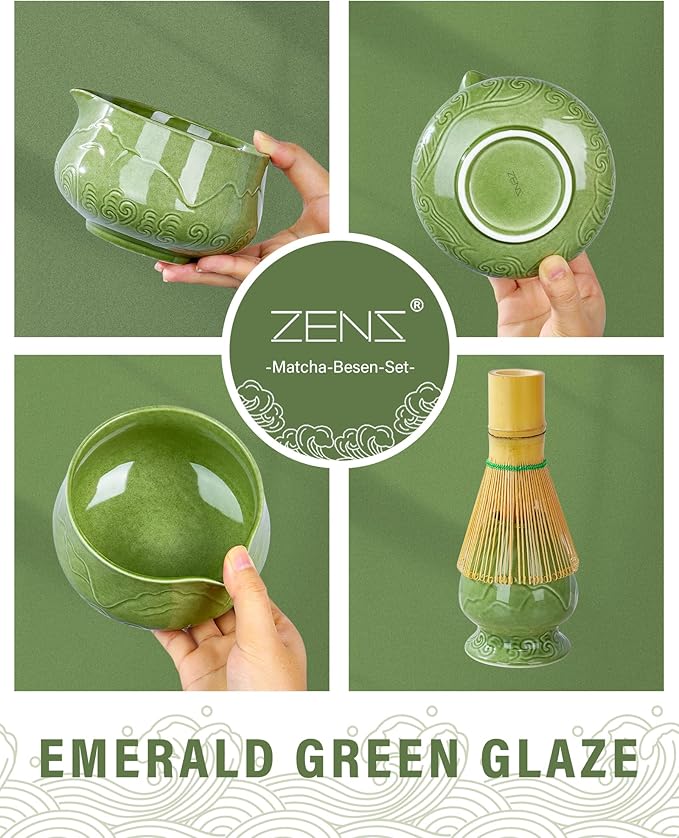 ZENS Matcha Whisk Set, 7pcs Matcha Set Includes Emerald Green Bowl and Matcha Cup, Bamboo Whisk & Scoop, Chasen Holder, 304 Sifter, Tea Mat, Matcha Kit for Latte Making