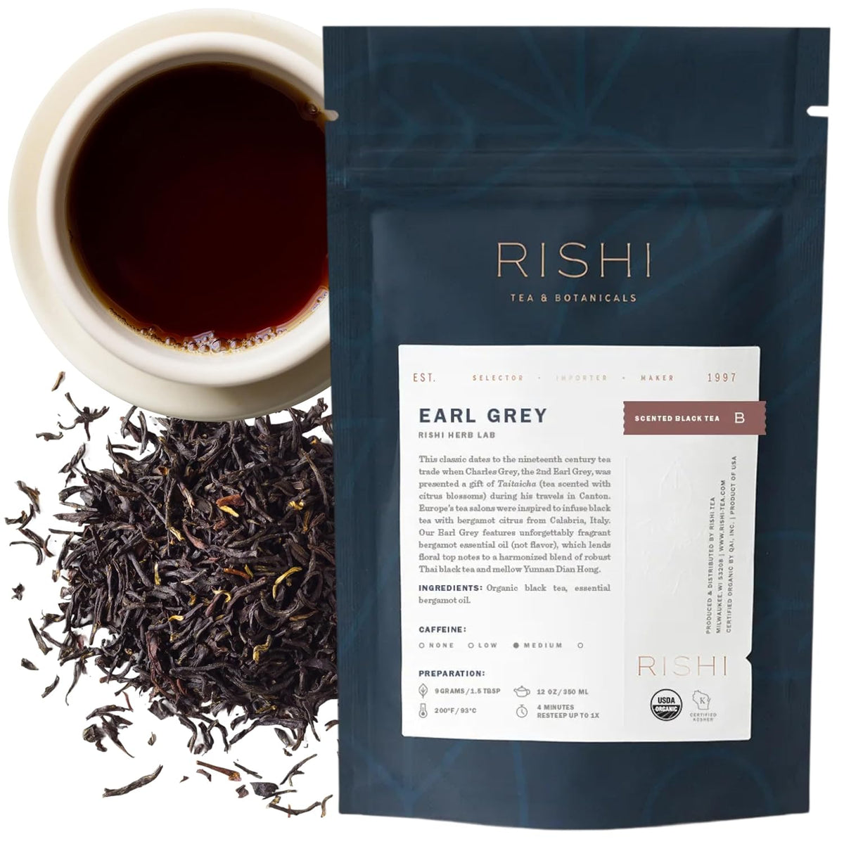 Rishi Tea Earl Grey Tea - Organic Loose Leaf Pure Black Tea with Bergamot Oil, Energizing & Caffeinated - 4 Ounces, 12+ Servings