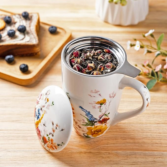 Gbhome Tea Mug with Infuser and Lid, 18 Ounce Large Ceramic Loose Leaf Tea Cup, Microwave, Dishwasher Safe Tea Steeping Mug