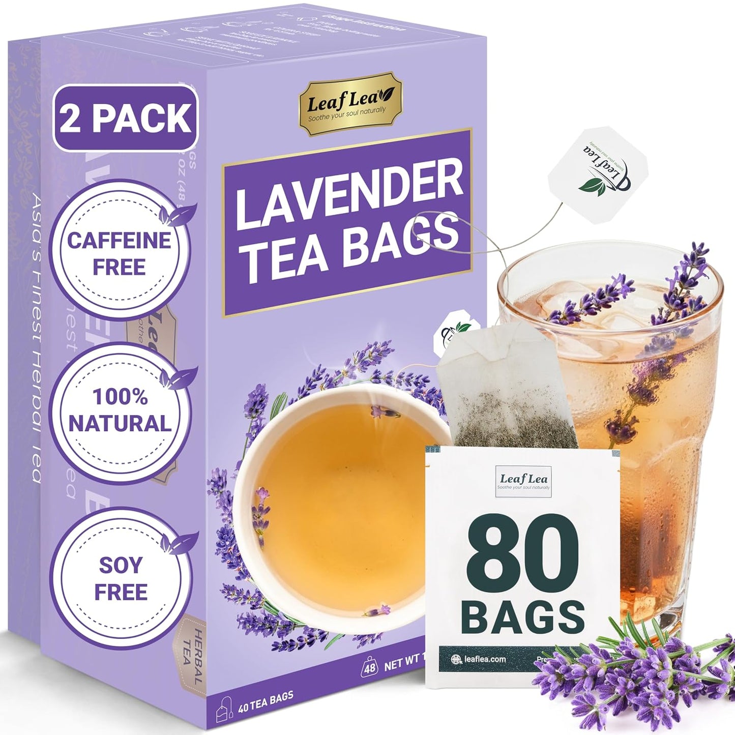 LeafLea Lavender Tea Bags, Calming Lavender Herbal Tea, 80 Count Pack of 2 | Soothing Pure Lavender, Nothing Added, Gentle Floral Taste, Caffeine-Free, Foil-Wrapped For Lasting Freshness
