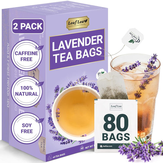 LeafLea Lavender Tea Bags, Calming Lavender Herbal Tea, 80 Count Pack of 2 | Soothing Pure Lavender, Nothing Added, Gentle Floral Taste, Caffeine-Free, Foil-Wrapped For Lasting Freshness