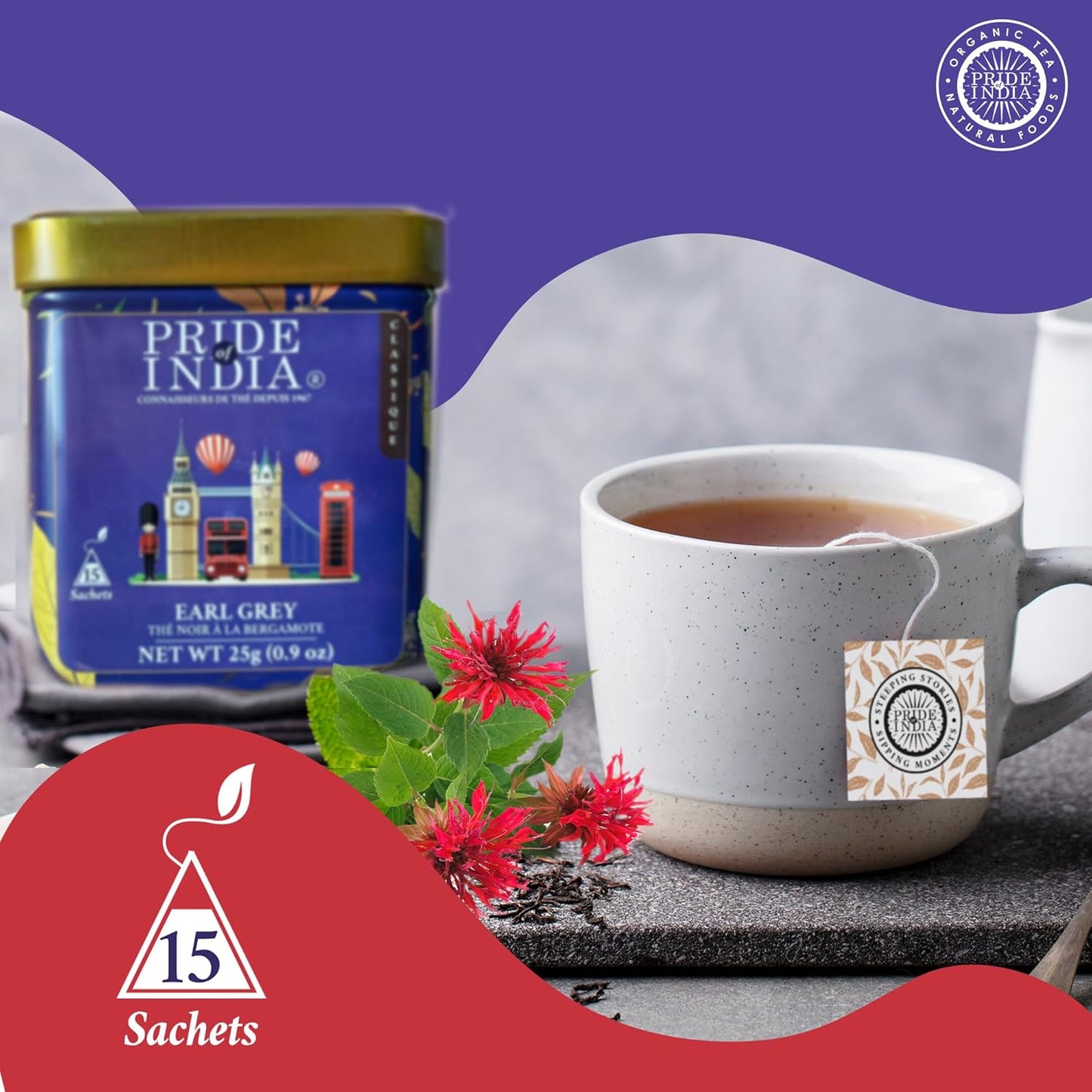 Pride of India Earl Grey Bergamot Black Tea 25g (0.9 oz) – 15 Tea Bags Individually Wrapped | Full Leaf Assam Black Tea for Hot or Iced Drinks | Citrus Flavor, High Caffeine & Single Estate Certified Tea