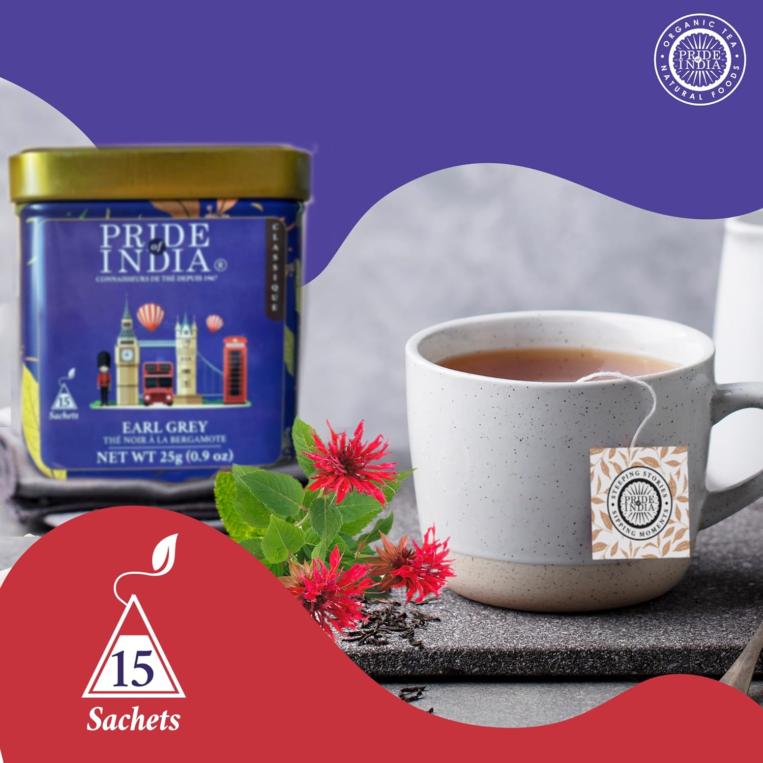 Pride of India Earl Grey Bergamot Black Tea 25g (0.9 oz) – 15 Tea Bags Individually Wrapped | Full Leaf Assam Black Tea for Hot or Iced Drinks | Citrus Flavor, High Caffeine & Single Estate Certified Tea