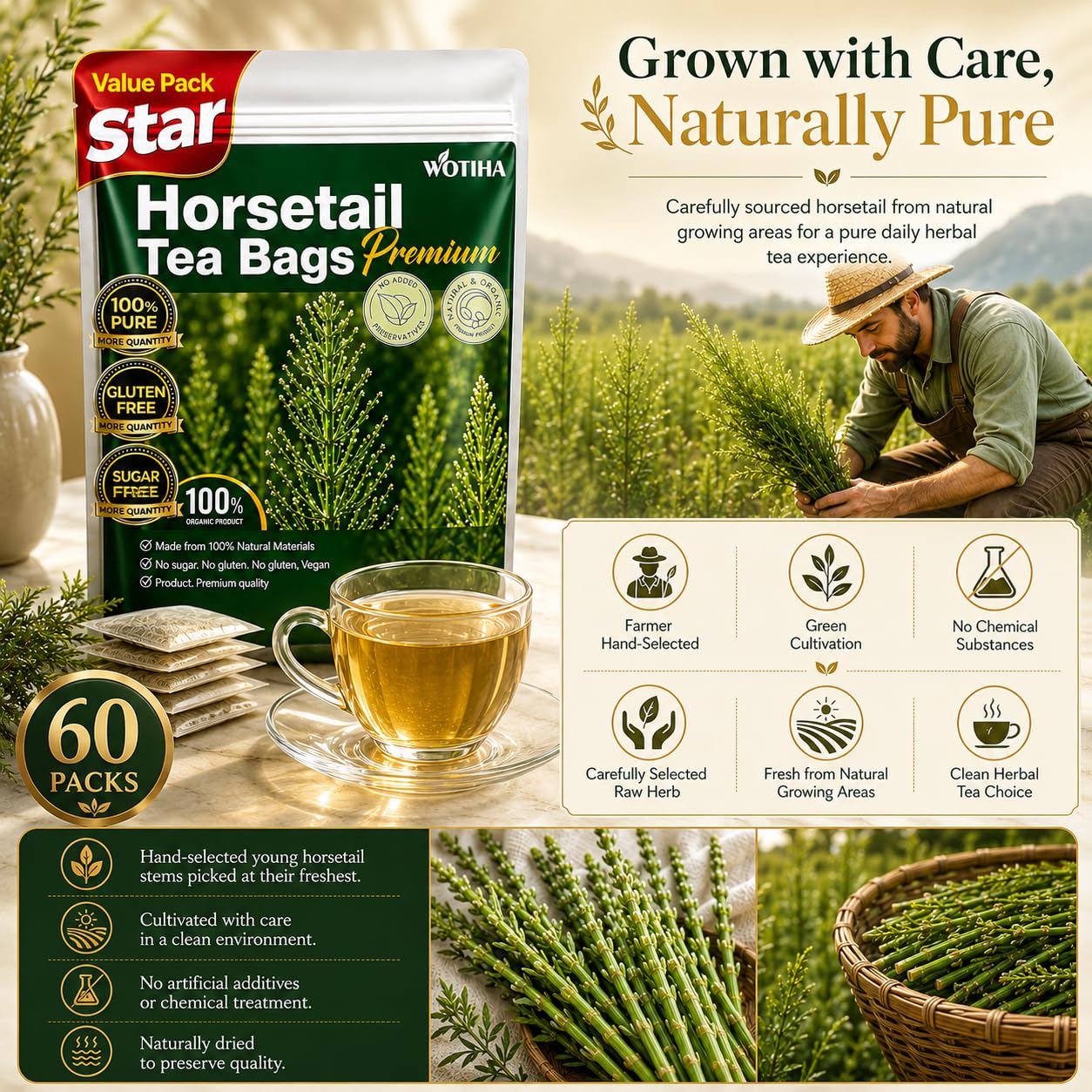 WOTIHA 60 Count Premium Horsetail Tea Bags - 100% Natural Pure Herb, Supports Hair &amp; Nail Health, Caffeine/Additive/Sugar-Free, Non-GMO, Cola De Caballo Hierba