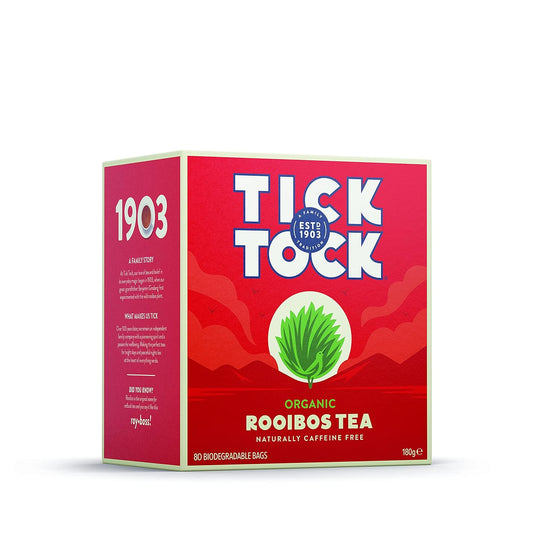 TICK TOCK TEAS Organic Rooibos Tea Bags - Naturally Caffeine Free Red Bush Herbal Tea from South Africa | Smooth &amp; Rich Flavor, Low Tannin, Enjoy Hot or Iced with Milk, Lemon, or Honey - 80 Count