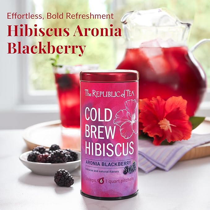 The Republic of Tea – Cold Brew Hibiscus Aronia Blackberry Iced Tea, Large Herbal Iced Tea Pouches, Steeps Six One-Quart Pitchers