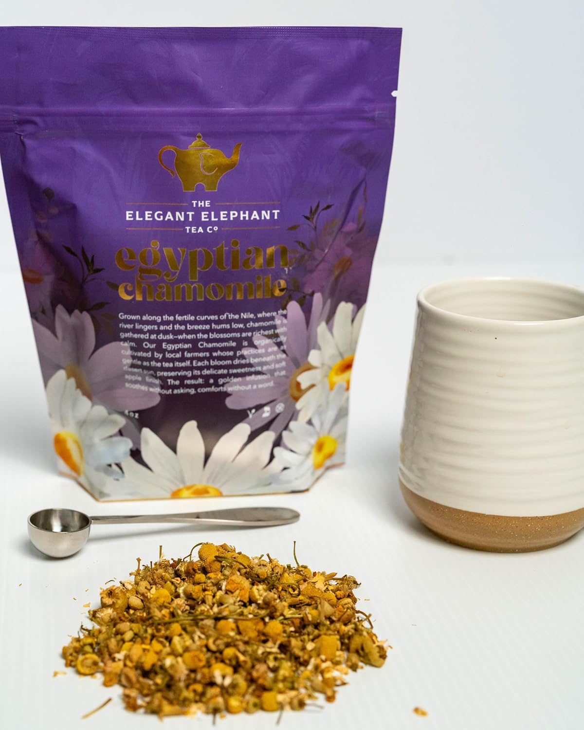 Egyptian Chamomile Tea, Organic Loose Leaf Herbal Tea – Cozy, Calming – Supports Stress Relief, Relaxation &amp; Sleep – 4 oz Resealable Bag (Makes 50 Cups) – The Elegant Elephant
