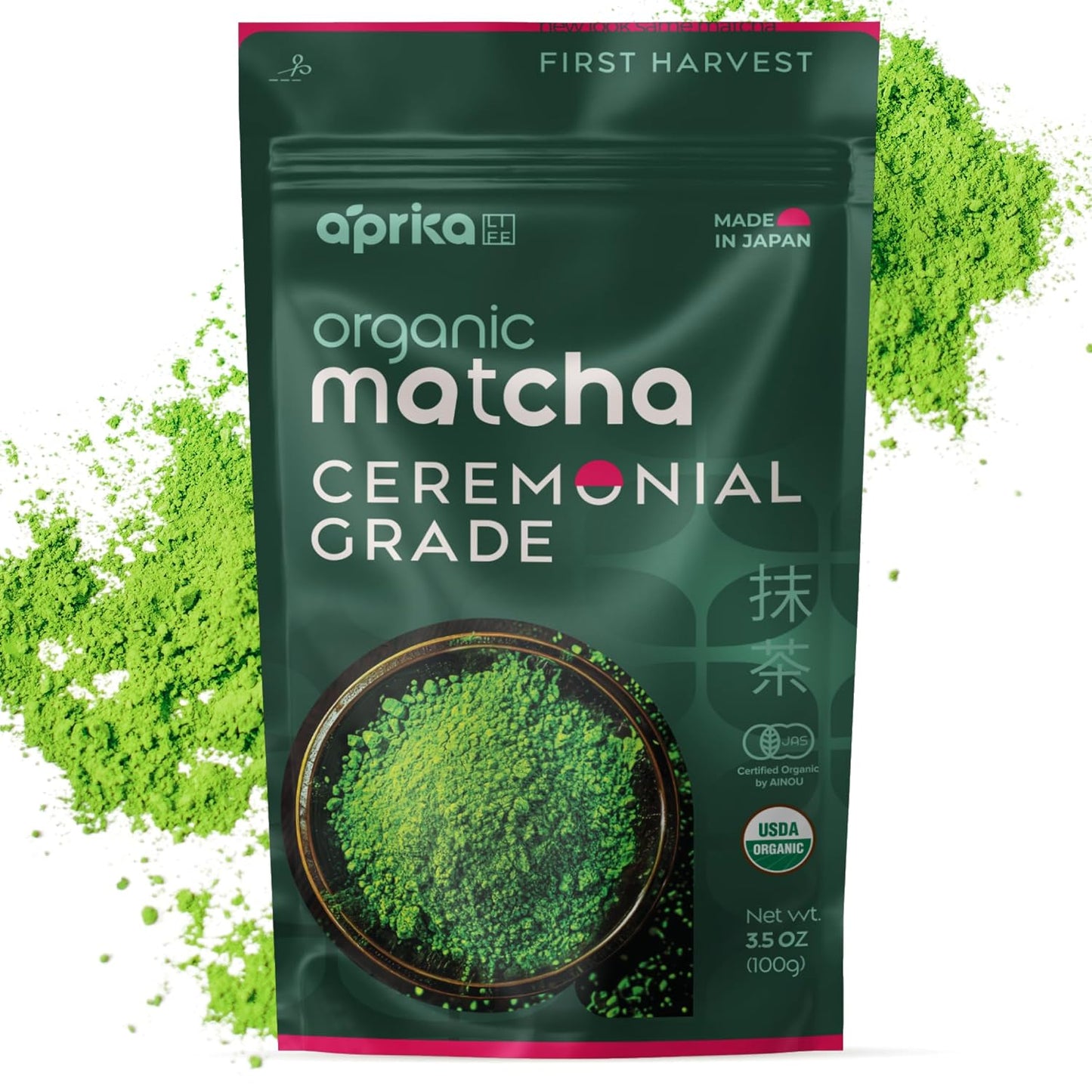 AprikaLife Organic Ceremonial Grade Matcha Powder from Japan – 3.5 oz | Authentic Japanese First Harvest Matcha, Yabukita Cultivar. No Sugar Added. USDA &amp; JAS Certified Organic. For Tea &amp; Lattes.