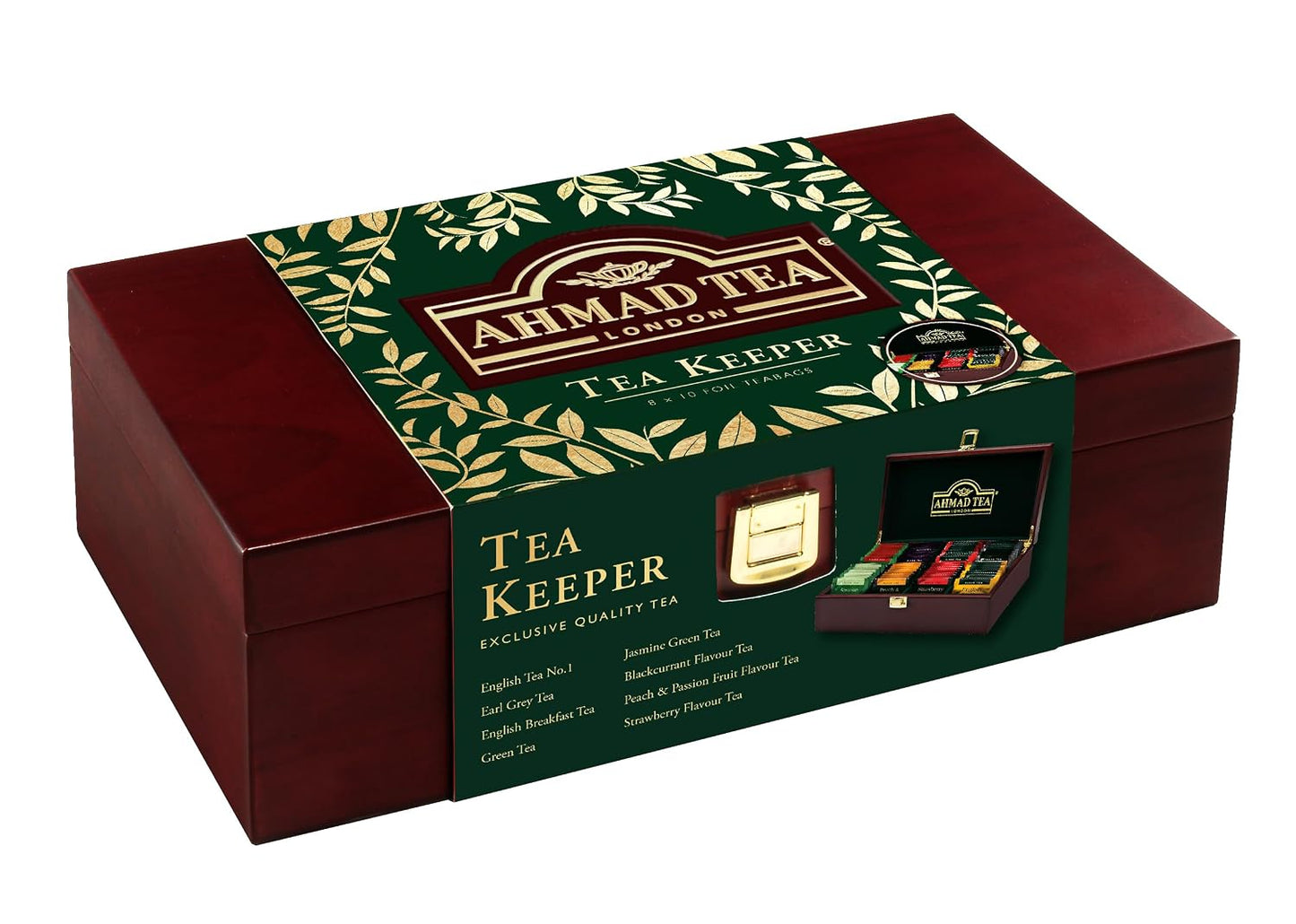 Ahmad Tea Black &amp; Green Tea, Wooden Tea Keeper, 8 Popular Blends 10 ct (each) 80 Teabags Total - Caffeinated &amp; Sugar-Free