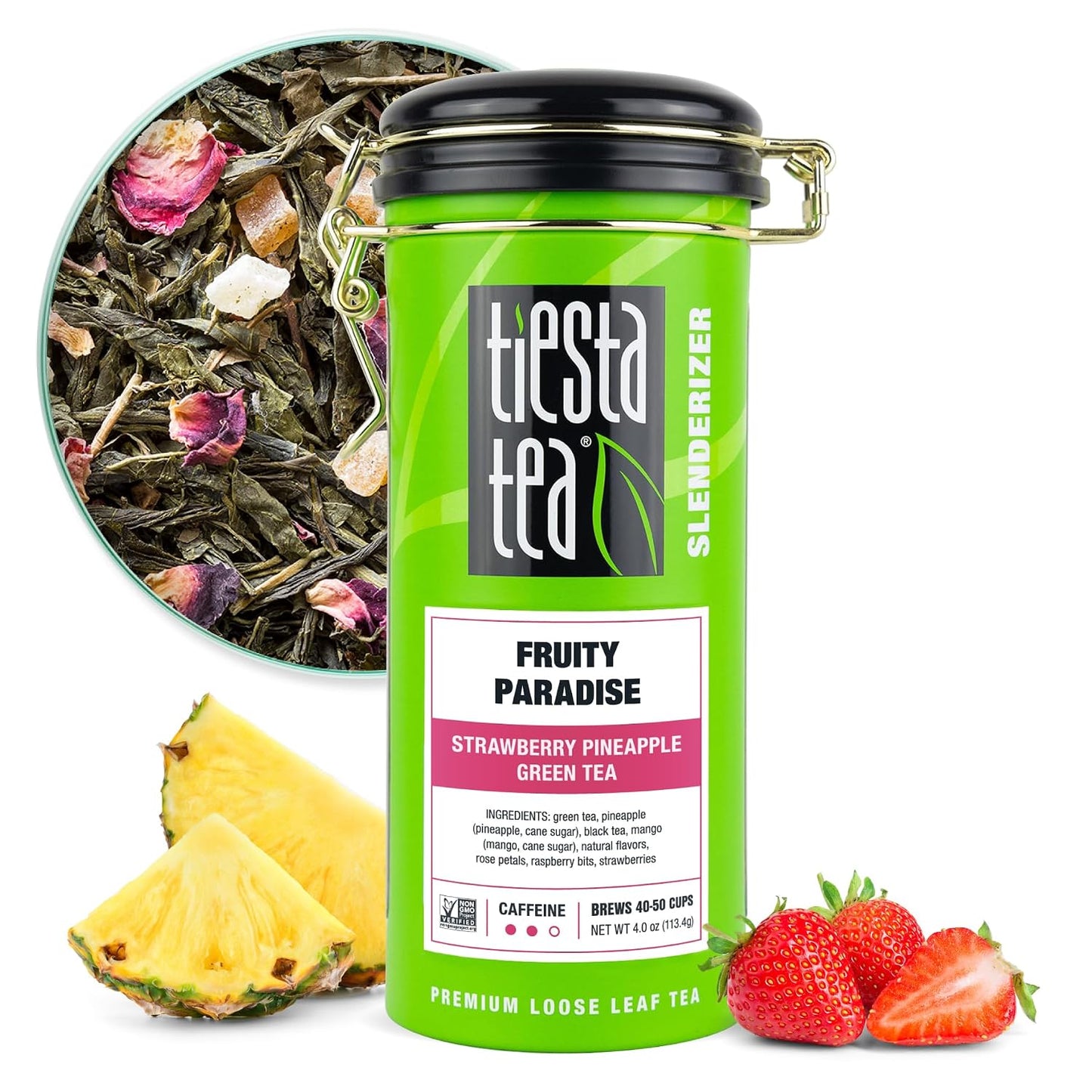 Tiesta Tea - Fruity Paradise, Loose Leaf, Strawberry Pineapple Green Tea | Premium Blend, Medium Caffeinated Green, Make Hot or Iced &amp; Brews Up to 50 Cups, 4oz Refillable Tin
