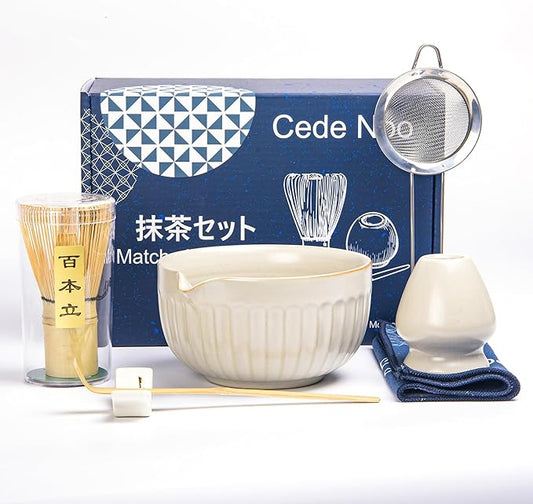 Matcha Whisk Set, Japanese Tea Ceremony Kit, 18oz Spout Bowl, Bamboo Whisk Scoop, Ceramic Holder Sifter Towel,7 pcs Matcha Tea Kit for Matcha Lovers