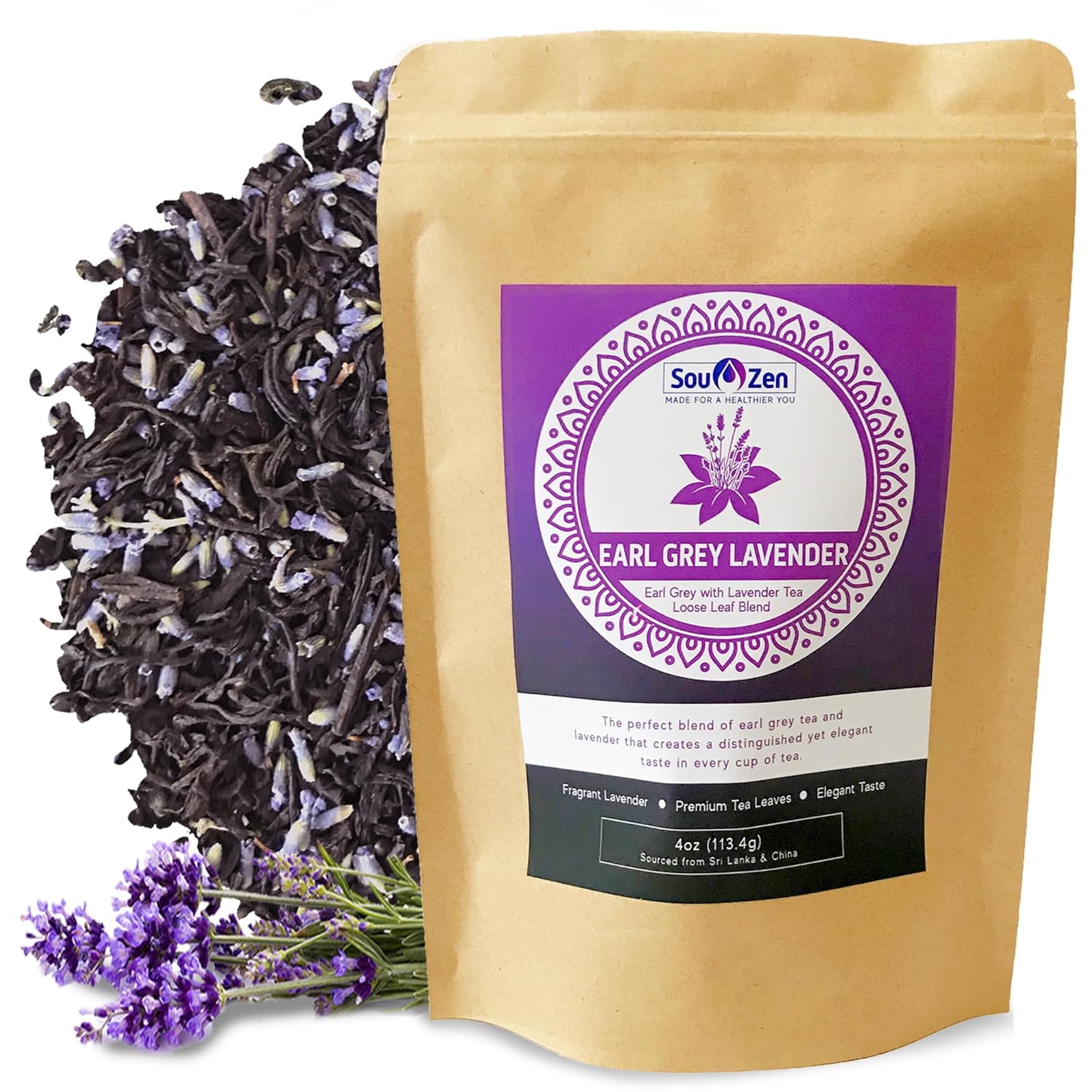 Sou Zen Earl Grey Lavender Loose Leaf Tea Blend 4oz (113g) | Ceylon Black Tea, Bergamot Oil, Lavender Flowers | Raw and Naturally Organic Ingredients | Energizing and Refreshing With No Additives
