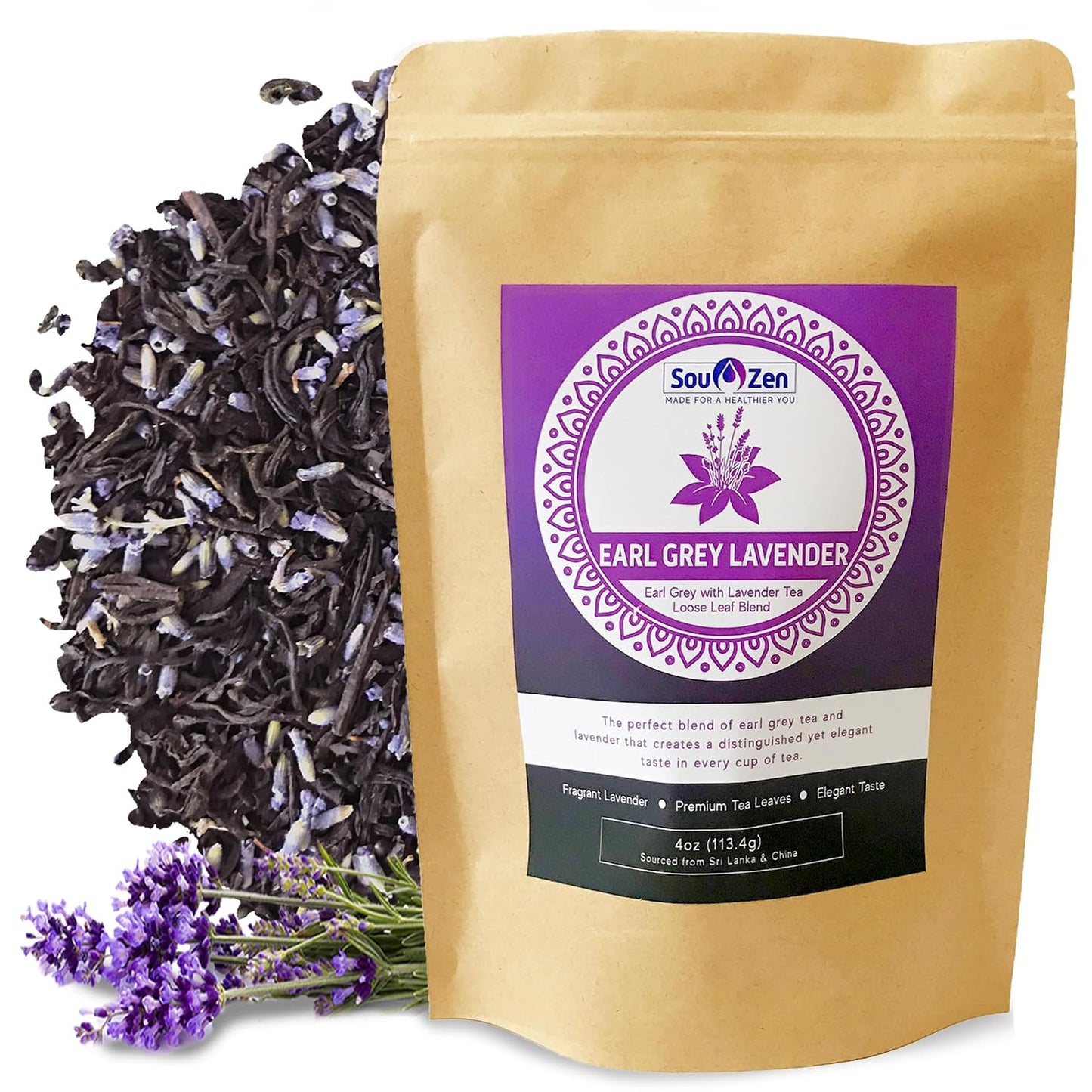 Sou Zen Earl Grey Lavender Loose Leaf Tea Blend 4oz | Ceylon Black Tea with Bergamot Oil and Lavender Flowers | Aromatic Black Tea Blend | Resealable Pouch for Tea Infusers, Tea Balls and Teapots