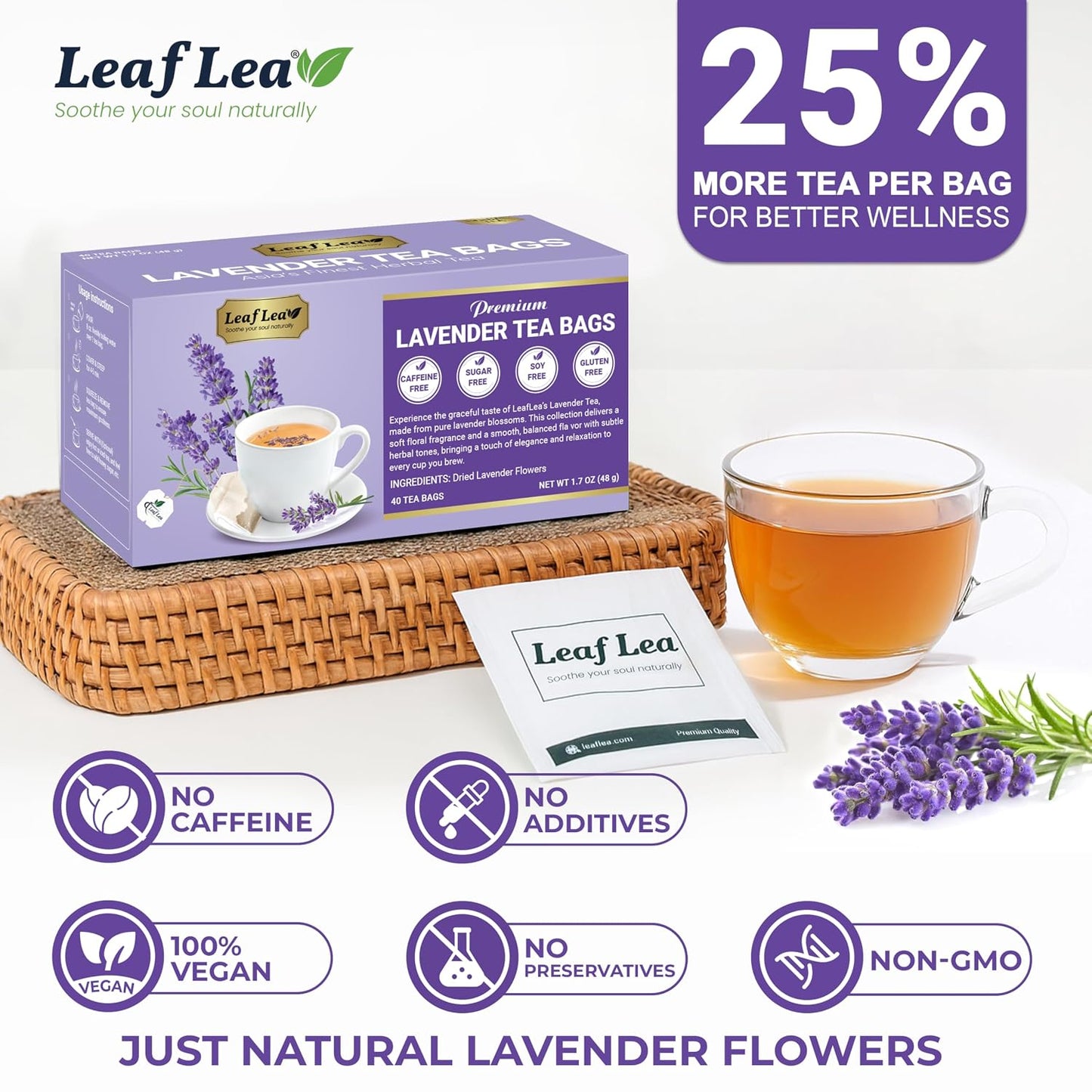 LeafLea Lavender Tea Bags, Calming Lavender Herbal Tea, 80 Count Pack of 2 | Soothing Pure Lavender, Nothing Added, Gentle Floral Taste, Caffeine-Free, Foil-Wrapped For Lasting Freshness