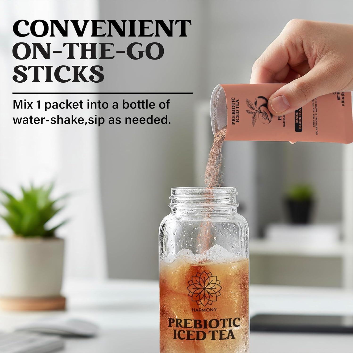 Harmony Prebiotic Iced Tea Stick Packs, Peach - Zero Sugar Peach Iced Tea Drink Mix Packets with 3g Prebiotic Fiber, Caffeinated Instant Black Tea, Dairy Free, Gluten Free, 10 Count