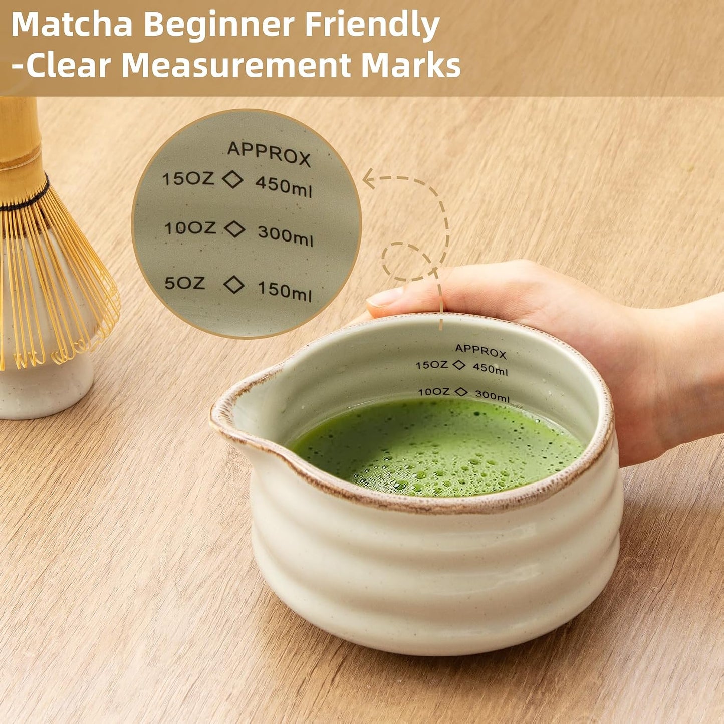 Ceramic Matcha Bowl with Bamboo Whisk Holder, Grey, Set of 2 | 16.5OZ Bowl with Spout and Measurement Marks, Japanese Tea Mixing Bowl with Whisk Stand, Matcha Gift Set, Ideal Gift Choice