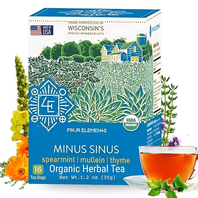 Four Elements Minus Sinus Tea [16 Teabags, 1.2 oz], Organic Spearmint Tea with Mullein & Thyme