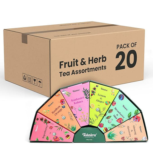 Teaniru, Fruit & Herb Tea Assortment - Pack of 20 | 6 Exotic Flavors x 25 g | Tea Gift Box for Family, Friends & Employees | Bulk Gifts for Corporates & Clients | Thanks Giving