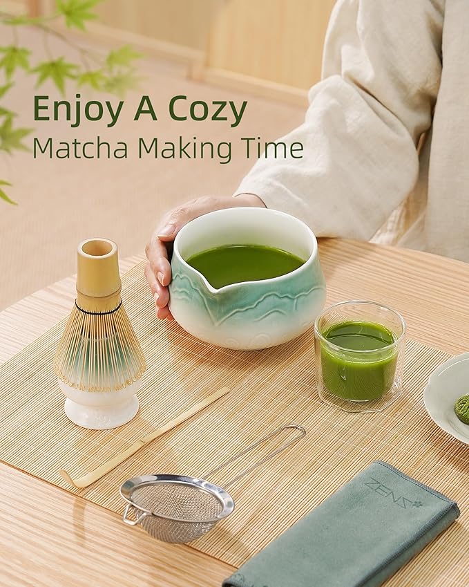 ZENS Matcha Whisk Set, 6Pcs Matcha Set Includes Ceramic Bowl, Bamboo Whisk and Chasen Holder,Scoop, 304 Stainless Sifter & Tea Mat, Matcha Kit for Tea Ceremony, Blue