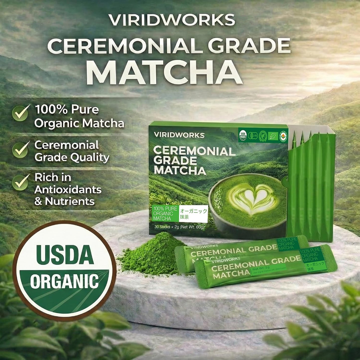 Viridworks Organic Matcha Packets - Ceremonial Single Serve Sticks, 30 Ct