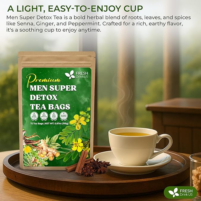 FreshDrinkUS, Premium 75 Tea Bags Men Super Detox Tea – Herbal Blend with Senna, Dandelion Root, Ginger, Peppermint & More – 100% Natural, Sugar-Free. Caffeine-Free. Gluten-Free. Vegan