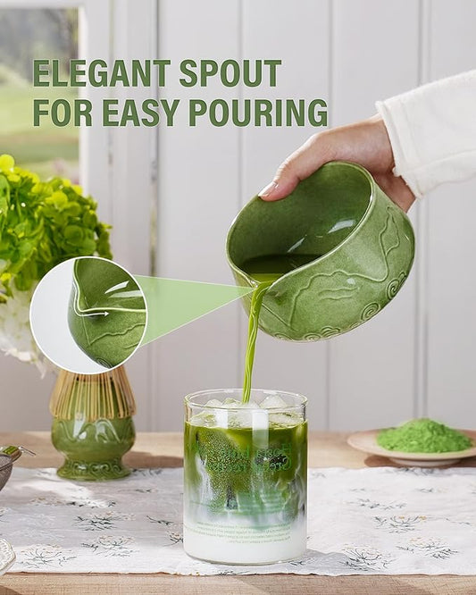 ZENS Matcha Whisk Set, 15oz Ceramic Matcha Bowl with Spout and Bamboo Whisk, (Chasen Holder) Scoop & Tea Towel, 5pcs Matcha Kit for Matcha Ceremony, Emerald Green