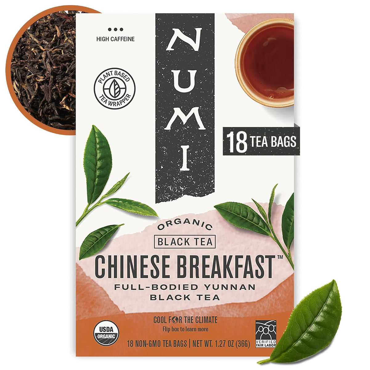 Numi Organic Chinese Breakfast Tea, 18 Black Tea Bags, High Caffeine