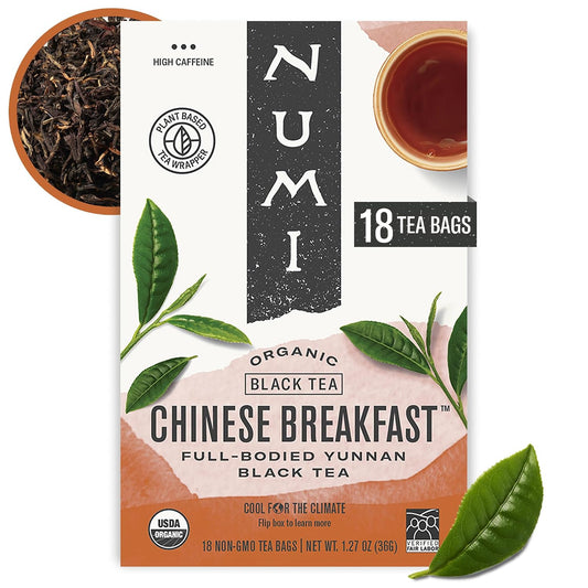 Numi Organic Chinese Breakfast Tea, 18 Black Tea Bags, High Caffeine