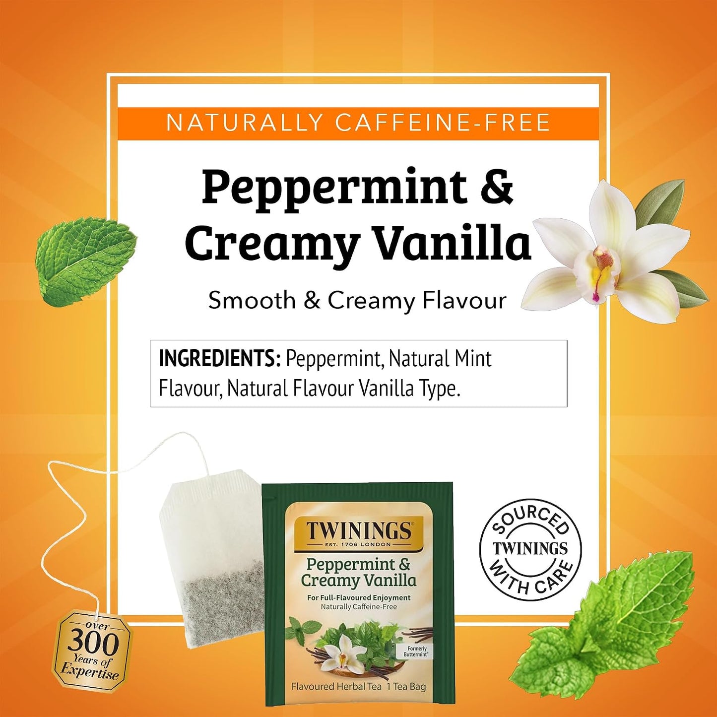 Twinings Peppermint &amp; Creamy Vanilla Herbal Tea Bags, 20 CT Box (1 Pack) | Formerly Buttermint, Minty &amp; Creamy, Naturally Caffeine-Free, 20 Foil Lined Individually Wrapped Bags, Enjoy Hot or Iced