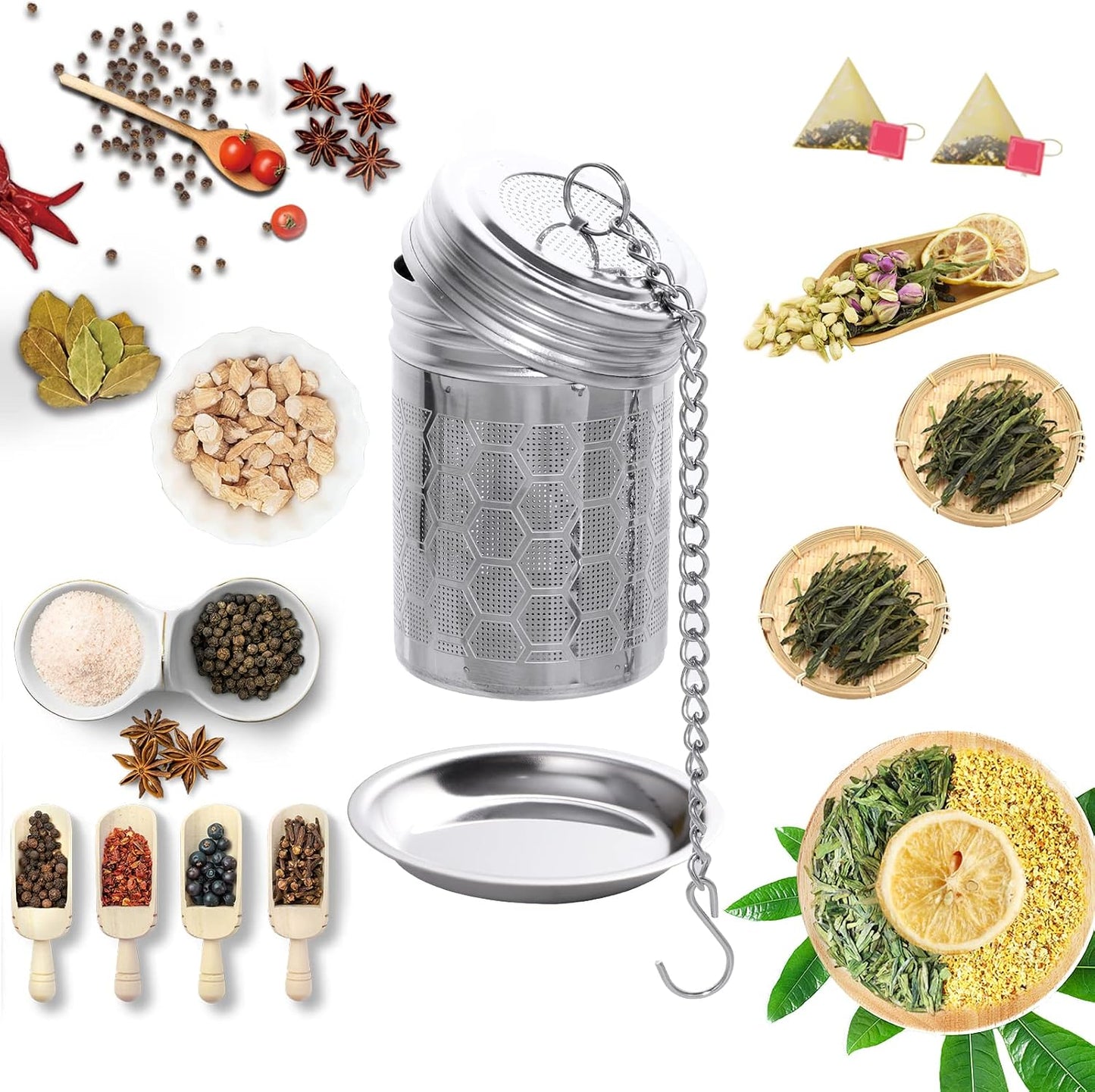 2 Pack Tea Infusers For Loose Tea, 304 Stainless Steel, 2 Inch | Fine Mesh Filter, Threaded Lid, Chain Hook, Drip Trays, Fits Most Mugs And Teapots, Dishwasher Safe