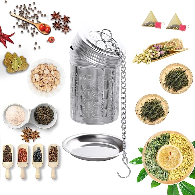 2 Pack Tea Strainers Infuser for Loose Tea 304 Stainless Steel Mesh Loose Leaf Steeper Diffuser with Chain Hook and Threaded Lid for Black Tea