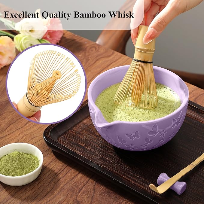 Matcha Whisk Ceramic Matcha Whisk Set Bamboo Whisk, Bowl With Spout, Powder Starter Sifter, Ceramic Whisk Holder, Tea Towel, Scoop and Scoop Rest for Matcha Tea Ceremony Purple