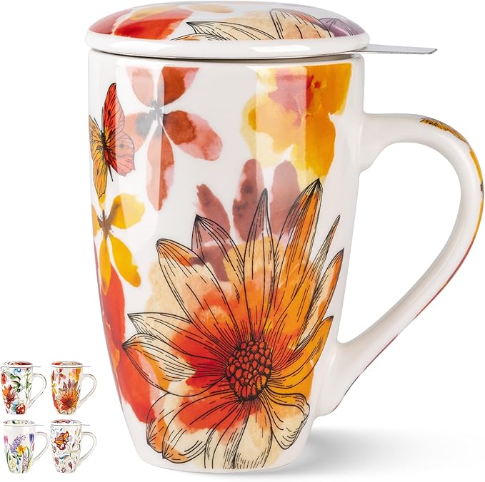 Gbhome Tea Mug with Infuser and Lid, 18 Ounce Large Ceramic Loose Leaf Cup, Microwave, Dishwasher Safe, Perfect for Tea Lovers