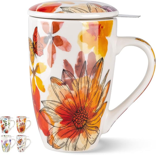 Gbhome Tea Mug with Infuser and Lid, 18 Ounce Large Ceramic Loose Leaf Cup, Microwave, Dishwasher Safe, Perfect for Tea Lovers