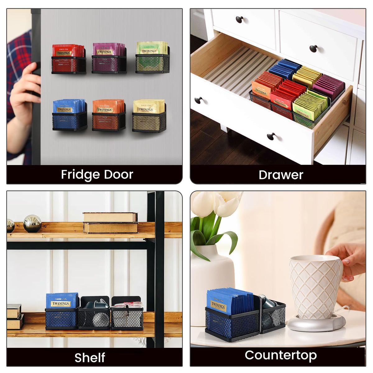 JUNLYNEST Magnetic Tea Bag Organizer - 6-Piece Metal Tea Organizer for Refrigerator, Kitchen Shelf and Counter, Stylish &