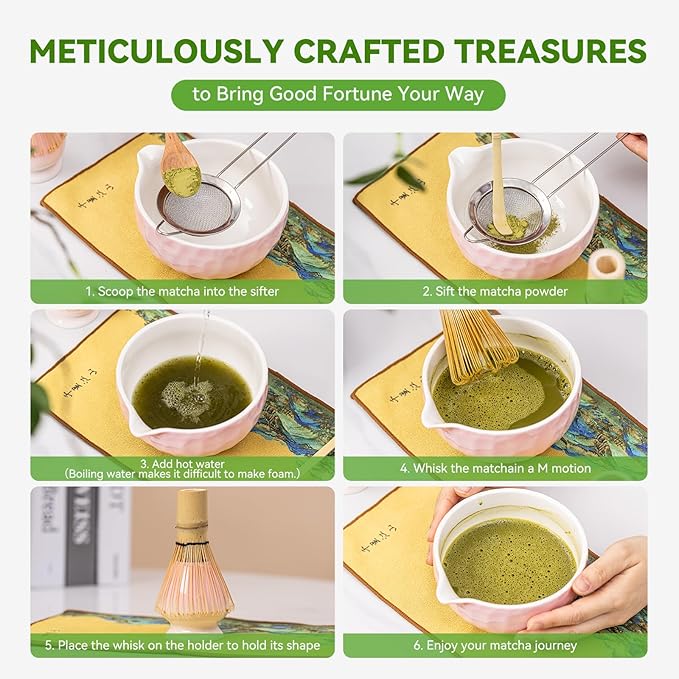 Matcha Whisk Set, Pink Ceramic Matcha Bowl with Spout, Bamboo Whisk, Sifter – 8-Piece Matcha Kit for Home, Yoga & Gifts – Matcha Lovers & Japanese Tea Culture