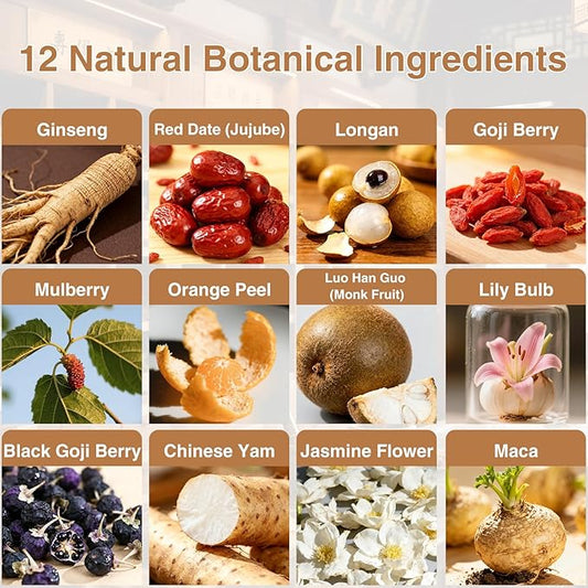 Premium Ginseng Tea - Natural Organic Herbal Tea - 12 Herbal Blend with Goji Berry，Jujube, Longan, Mulberry & Maca - Caffeine & Sugar Free