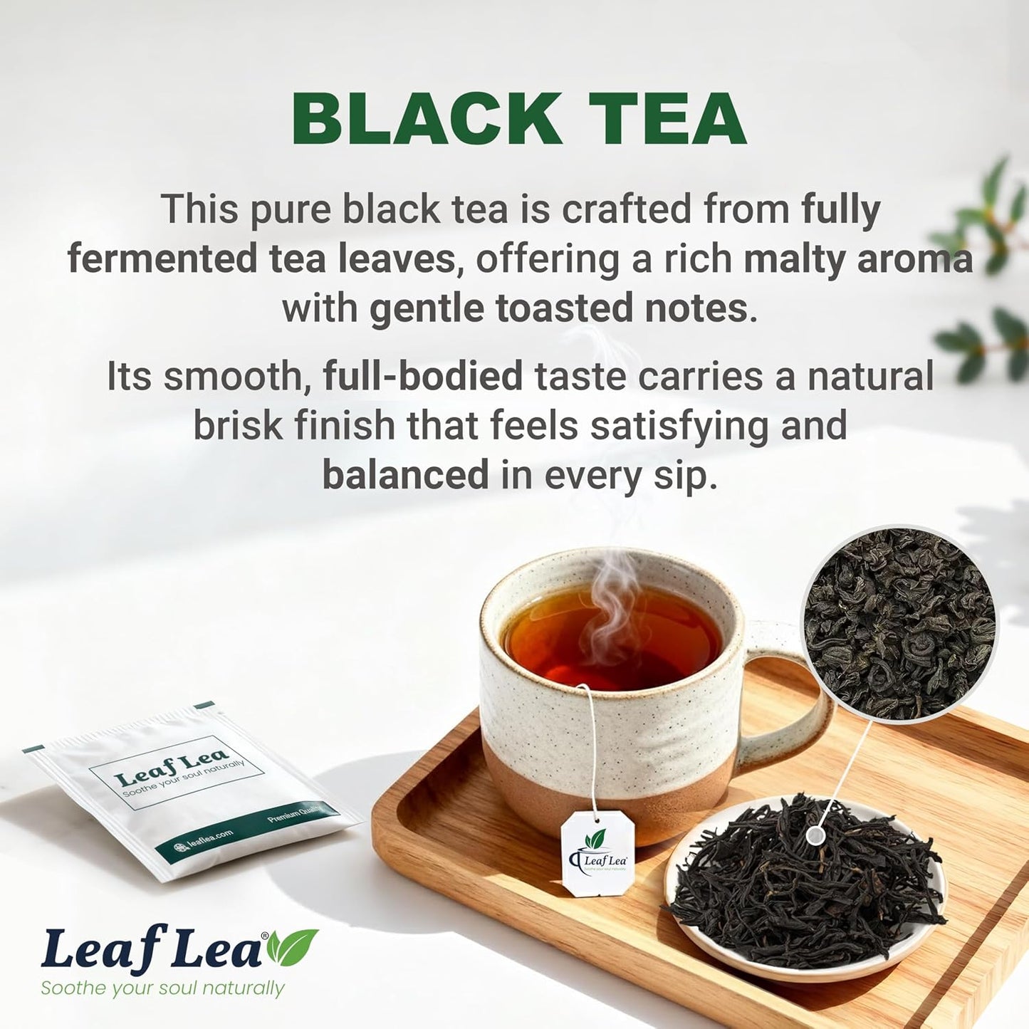 LeafLea Black Tea Bags, Strong Full-Bodied Black Tea Leaves, 40 Count | Bold, Naturally Caffeinated Morning Brew with Smooth Malty Finish; Sugar-Free, Vegan; Individually Foil-Wrapped