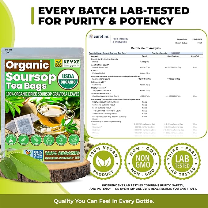 Keyxe - USDA Organic Soursop Graviola Leaves Tea 110 Bags. Non-GMO Verified, 100% Organic Soursop Leaves for Gluten Free, Caffein Free