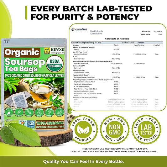 KEYXE - USDA Organic Soursop Graviola Leaves Tea 110 Bags. Non-GMO Verified, 100% Organic Soursop Leaves for Gluten Free, Caffein Free, Hojas De Guanabana Tea Organica, Eco-Conscious Tea Bags