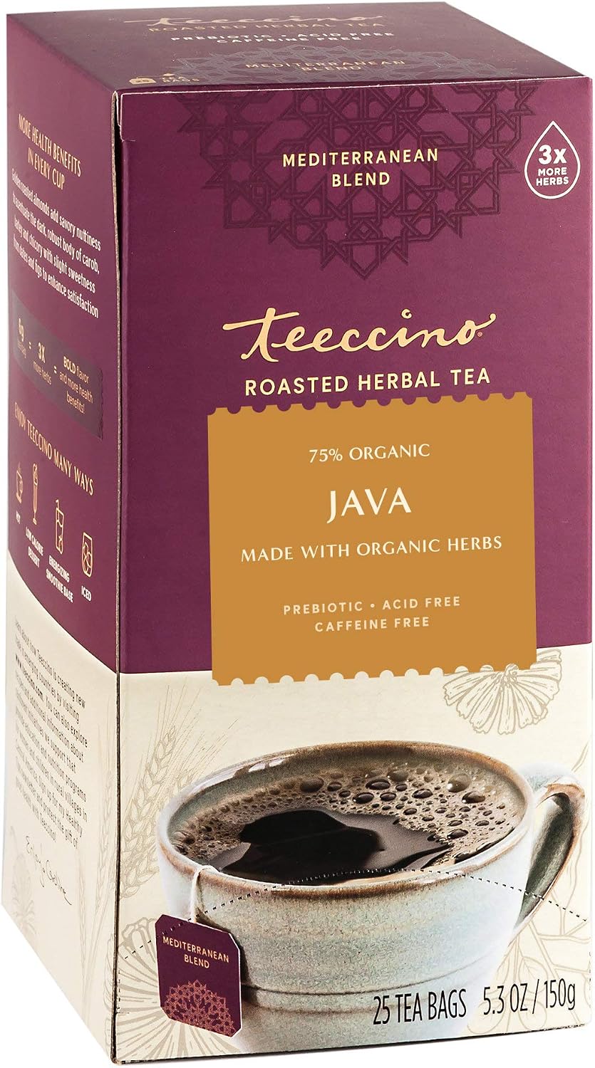 Teeccino Java Herbal Tea - Rich &amp; Roasted Herbal Tea That’s Caffeine Free &amp; Prebiotic for Natural Energy, 25 Tea Bags