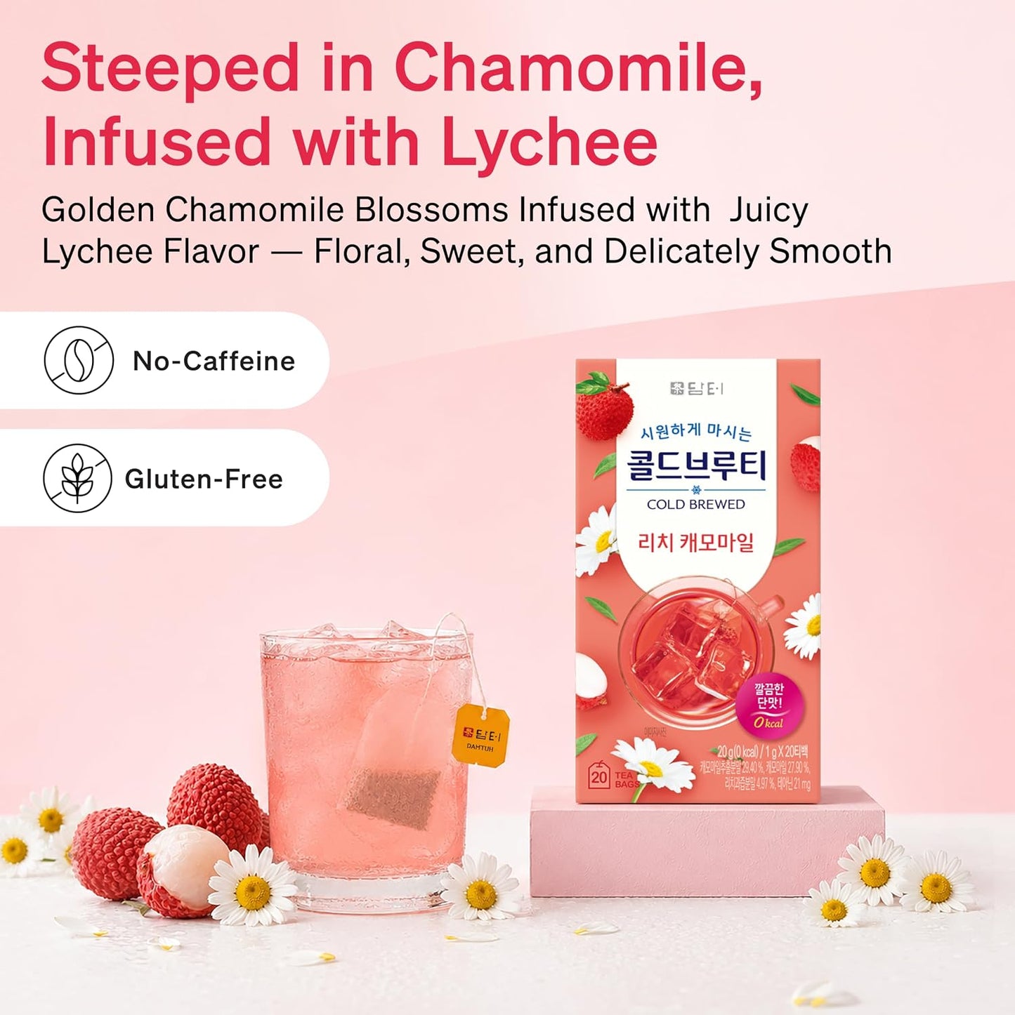 Damtuh Lychee Chamomile Cold Brew Tea Bags, Caffeine-Free, 20 Count | Sweet lychee and floral chamomile; zero sugar, zero carbs, lightly sweetened with stevia; cold brew bags