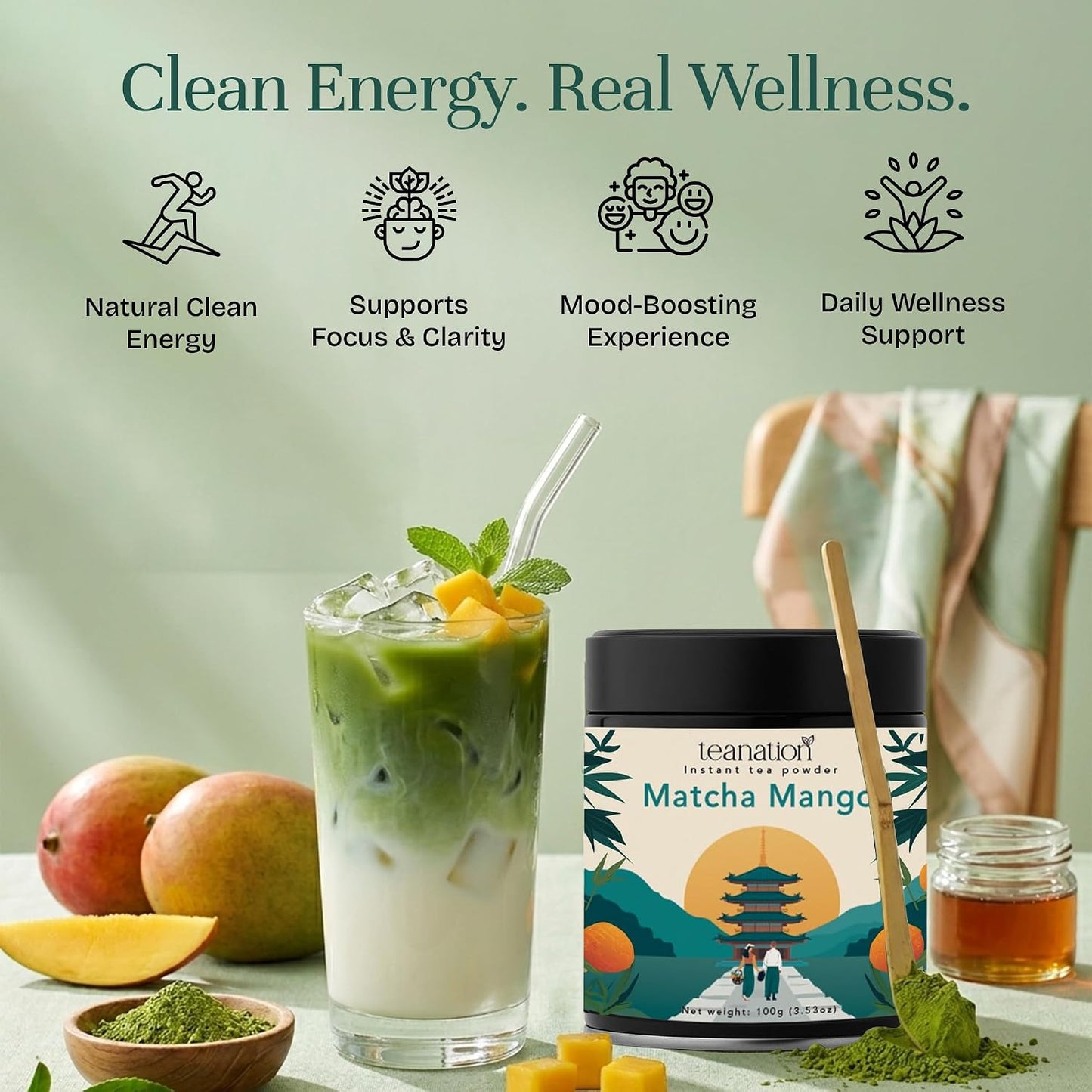 Tea Nation Matcha Mango Latte – Instant Matcha Latte Powder Drink Mix with Real Mango | Mango Green Tea Energy Drink | Smooth Energy Boost | Vegan, No Additives | 100g