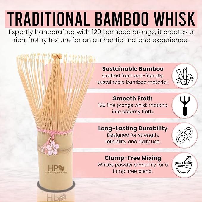 Happy Path & CO Matcha Whisk Set, 6 Pcs Matcha Tea Set Includes Bamboo Whisk(Chasen) with Holder & Bowl with Spout, Sifter, Scoop & Stand