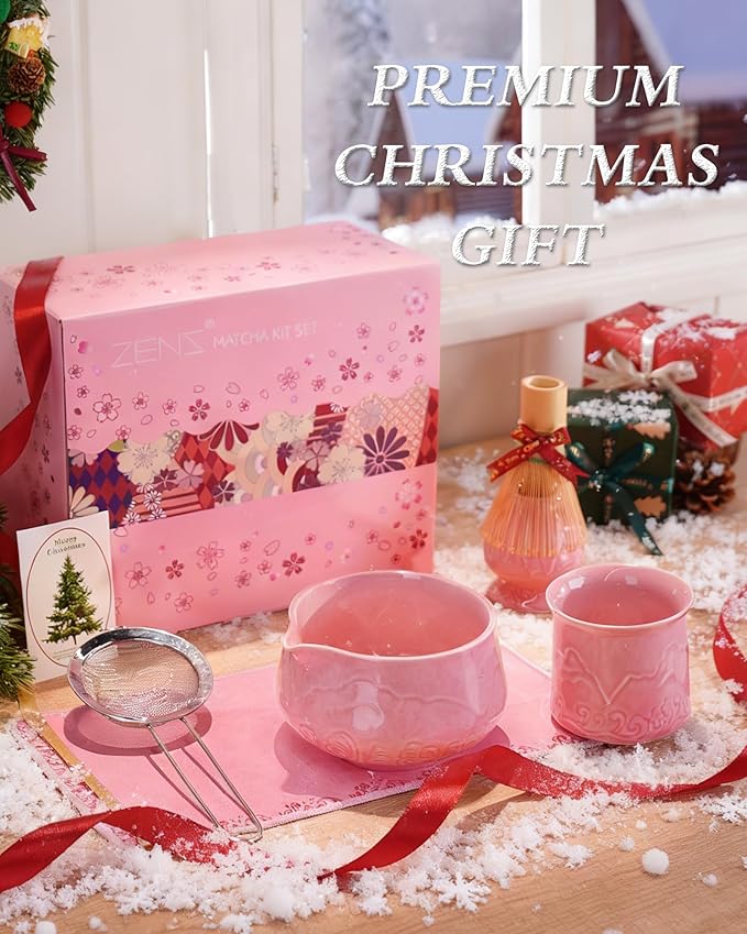 ZENS 7pcs Matcha Set, Matcha Whisk Set Includes Pink Bowl and Cup for Bamboo Whisk, (Chasen Holder), Scoop, 304 Sifter and Tea Mat, Pink Matcha Kit for Matcha Lovers