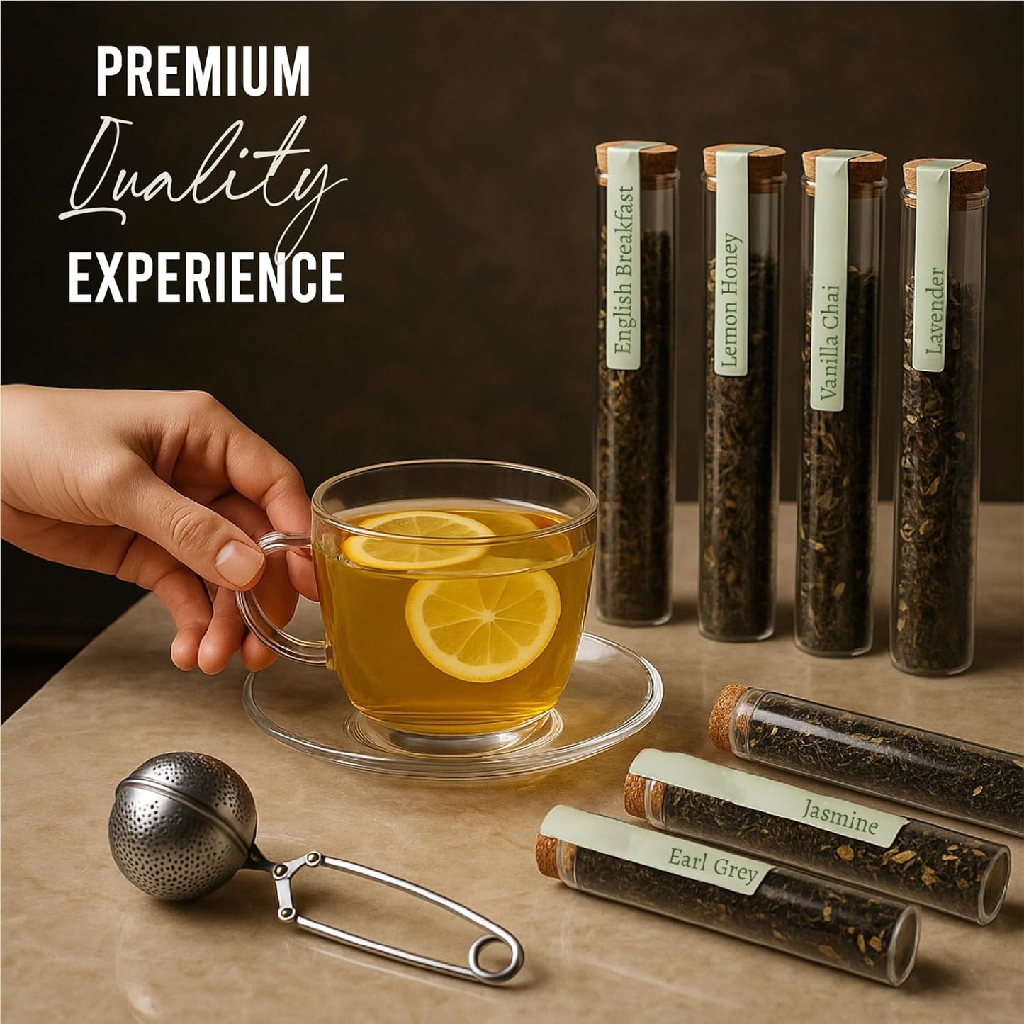 Loose Leaf Tea Sampler - Tea Gift Set Box – 8 Unique Flavors with Stainless Steel Infuser | Vanilla Chai, Jasmine, Lemon Honey & More | Tea Gift Set for Women and Men - Set of 9 - Gifts For Mom